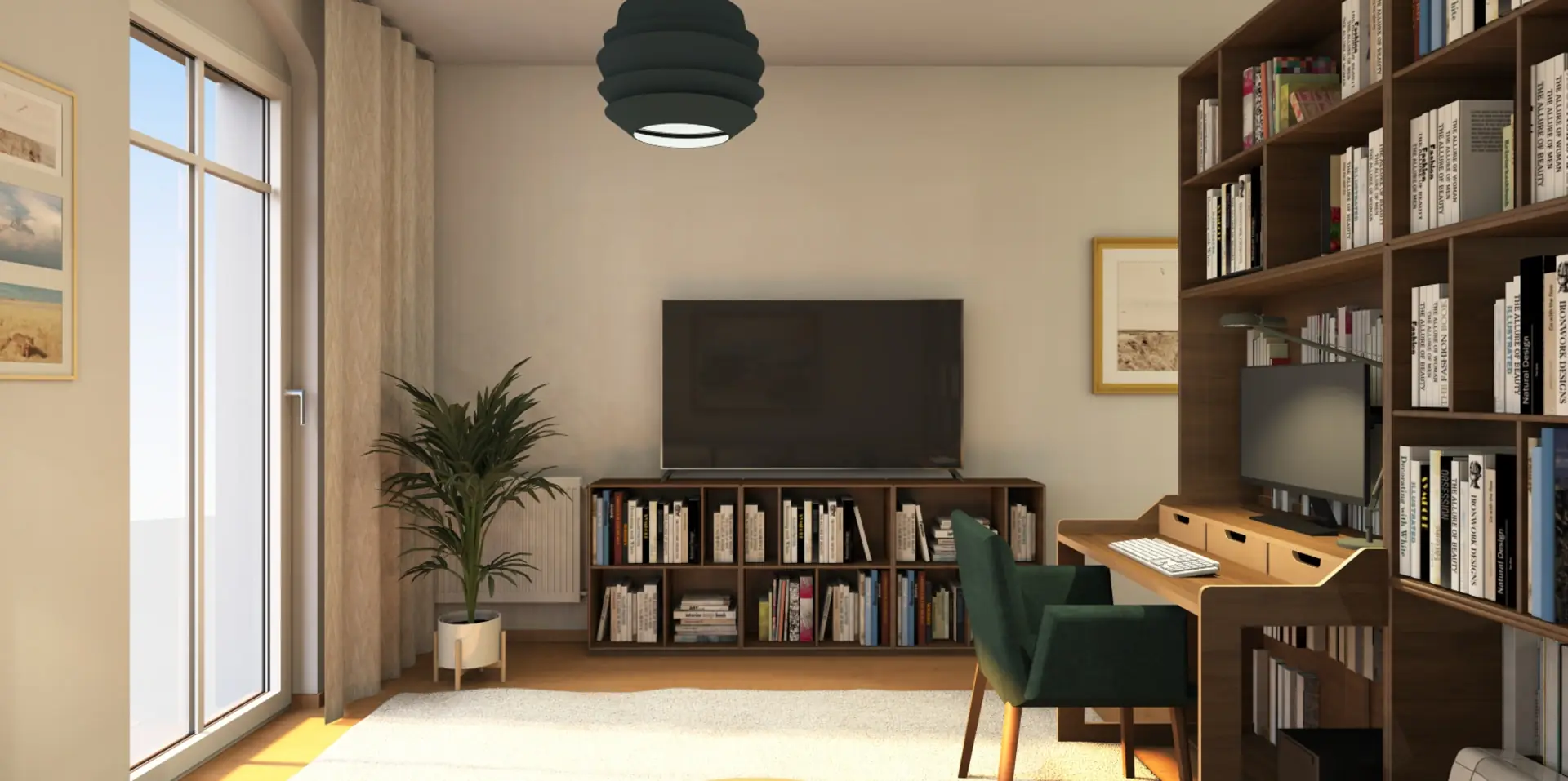 Visualisierter Wohn- und Arbeitsraum mit Bücherregal und Schreibtisch
